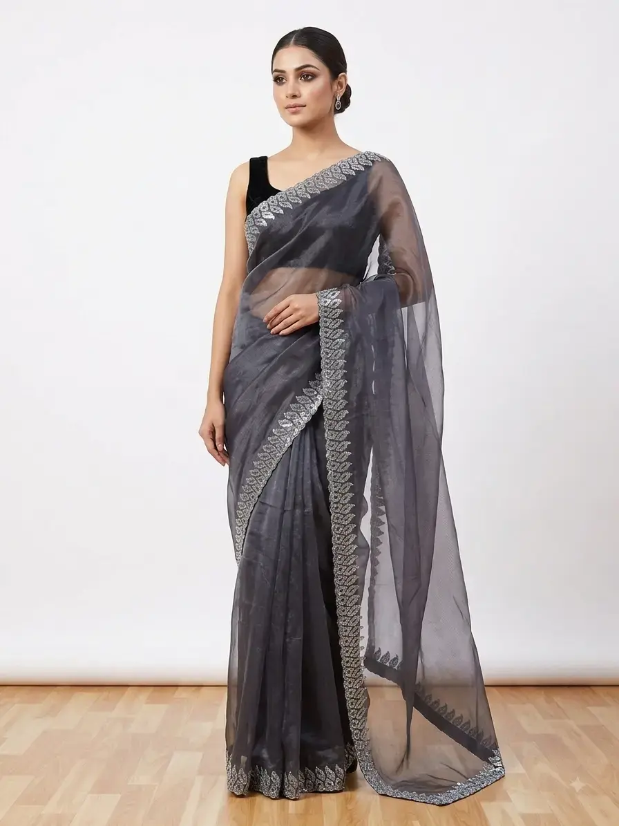 Midnight Silver Elegance – Navy Blue Embroidered Sheer Saree