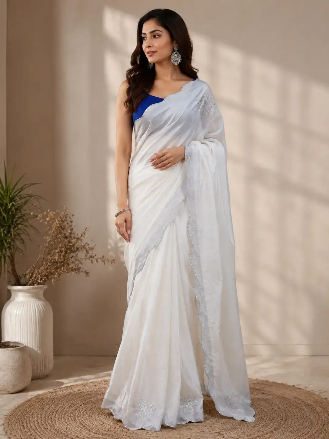 Midnight Silver Elegance – Navy Blue Embroidered Sheer Saree