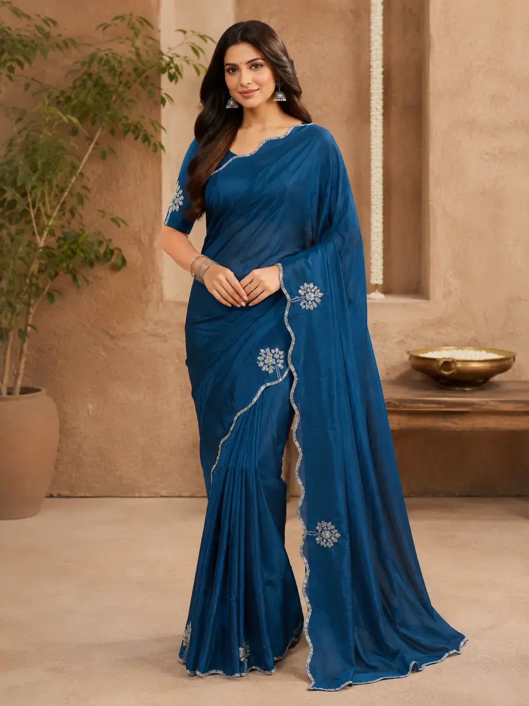 Midnight Silver Elegance – Navy Blue Embroidered Sheer Saree