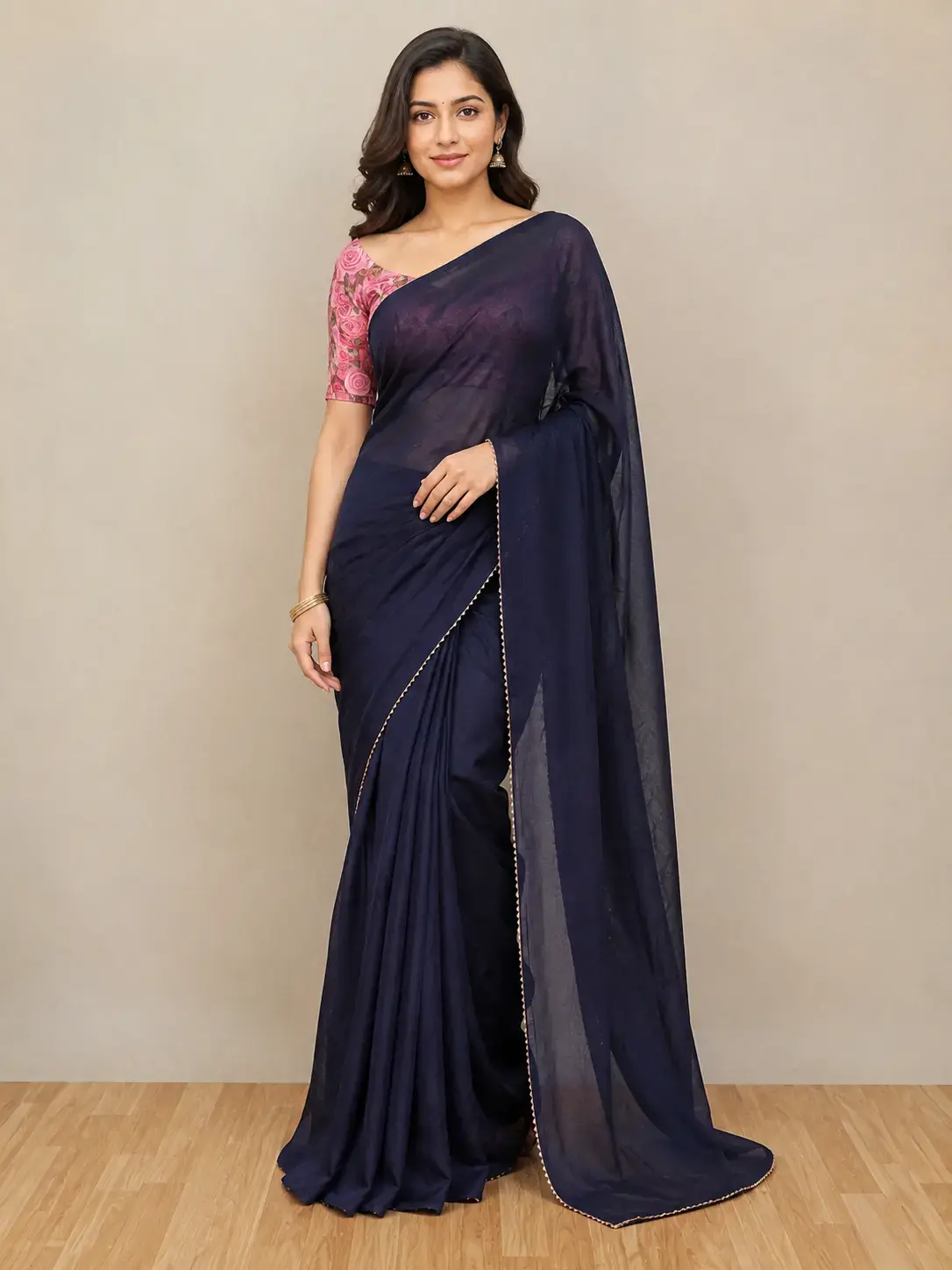 Midnight Silver Elegance – Navy Blue Embroidered Sheer Saree